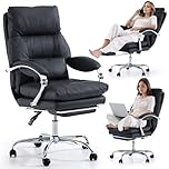 LEAGOO Home Office Desk Chairs with Foot Rest, Fully Reclining Ergonomic Executive Office Chair with Armrests, High Back PU Leather Comfy Swivel Computer Chair with Wheels and Lumbar Support, Black