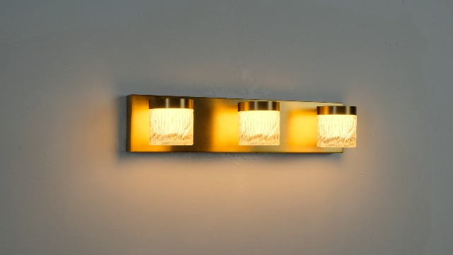 Image of WILON 3-Light LED Vanity Wall Sconce, Gold Bathroom Lighting Fixture | 3 Color Dimmable, Modern Farmhouse, Striped Glass Shade, for Bedroom Living Room Hallway Mirror Vanity, Bulbs Not Included