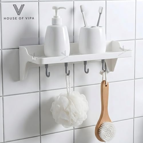 Image of HOUSE OF VIPA Bathroom Shelf for Wall, Self-Adhesive Bathroom Organiser with Towel Holder, Ideal Bathroom Accessories for Efficient Space Utilisation (Bath Shelf Rack, Pack 2)