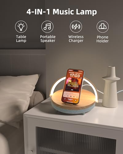 Image of EZVALO Birthday Gifts for Women, Music Table Lamp with Wireless Charger, 4 in 1 Touch Bedside Lamp, Bluetooth Speaker, Phone Holder, Dimmable LED Night Lights Birthday Gifts for Women, Men, Dad, Mom