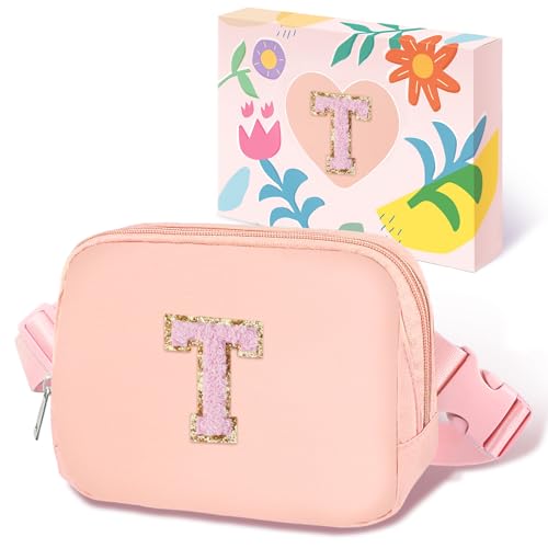 Image of COSHAYSOO Valentines Birthday Initial Gifts for Teen Girls 5 6 7 8 9 10 11 12 13 14 Year Old Pink Fanny Pack for Girls Belt Bag Crossbody Travel Purse Unique Trendy Girly Stuff Chenille Letter T