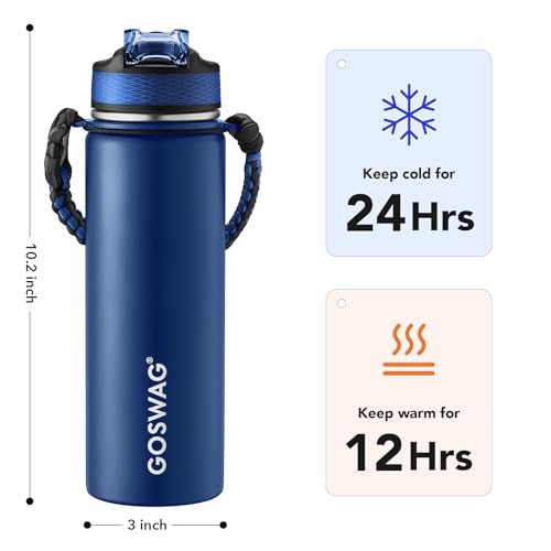 Image of GOSWAG 24oz Insulated Stainless Steel Travel Water Bottle, 2 Lids | with straw and no straw, Paracord handle, Double-wall vacuum keeps drinks cold or hot, Leakproof tumbler