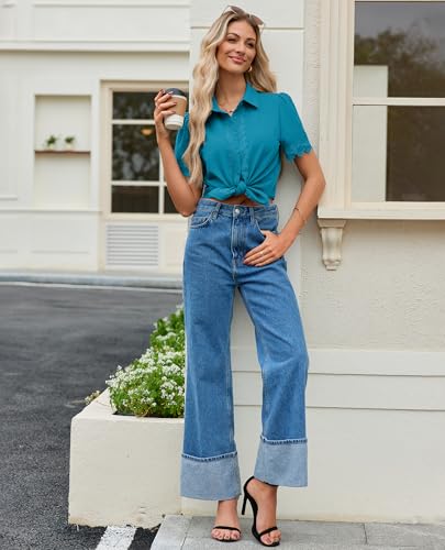 Image of siliteelon Womens Summer Button Down Lace Blouses Lapel Trim Dress Casual Shirts 2026 Fashion Business Short Sleeve Tops