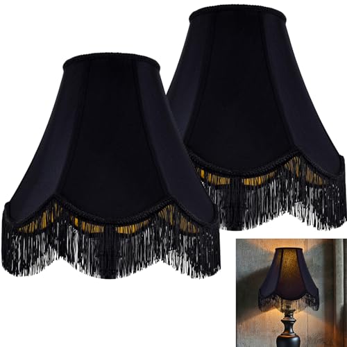 GO&SO Black Silk Bell Lamp Shades Set of 2 -Petal Edge Braid with Black Fringe Trim, 6"x13"x10.6"(Spider), Classic Scalloped Lamp Shade, Replacement Lampshades for Table, Floor Lamps, Easy Assembly