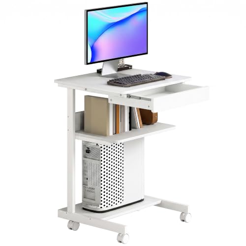 HOMCOM Escritorio de Ordenador sobre Ruedas, Escritorio con Almacenamiento de 56 x 51 cm con cajón, Compartimento y Soporte de la PU, Mesa informática para estudiar para Espacios pequeños, Dormitorio