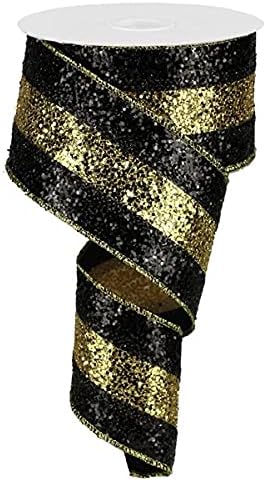 Large Glitter Stripe Wired Edge Ribbon - 10 Yards (Black, Gold, 2.5")