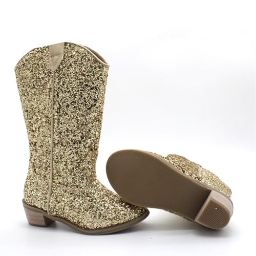 Girls Cowboy Sparkly Boots Pull On Non Slip Boots Pointed Toe Mid Calf Western Low Heels Boots for Little Kid Big Kid2