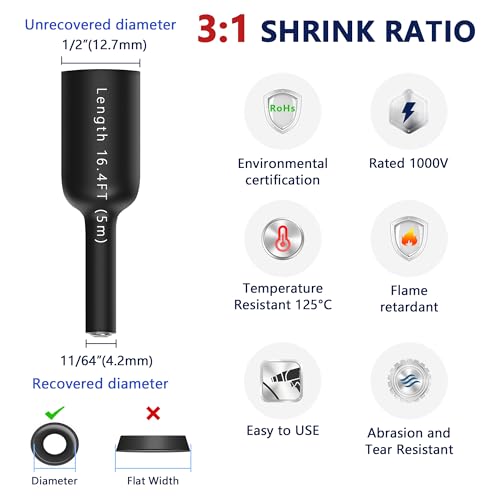 Image of 1 /2inch Heat Shrink Tubing, 16.4 Ft 3:1 Heat Shrink Tube Dual Wall Adhesive Lined, Waterproof Marine Shrink Wrap Tubing, Electrical Industrial Automotive Sealing Heat Shrink Tubing for Wire Insulation