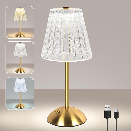 vsshe Lampe de Table Tactile Sans Fil, Petite Lampe de Table en Cristal Rechargeable à LED 2000mAh 3 Couleurs Rétro, Éclairage D'ambiance pour Chambre Salle à Manger Cuisine Bar Décoration D'intérieur