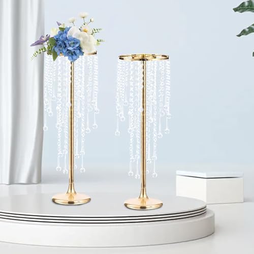 2 Pcs Crystal Flower Stand Wedding Centerpieces for Tables, 21.7 in Tall Tabletop Gold Metal Flower Arrangement Holder, Elegant Bulk Metal Vases for Wedding Party Event Reception, Birthday - Image 3