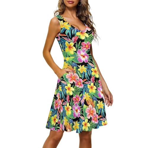 Image of Women Stylish Tank Dresses Sleeveless Round Neck Midi Casual Dress with Pocket for Summer
