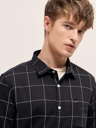 Image of THE BEAR HOUSE Men's Black Slim Fit Full Sleeve Cotton Check Shirt