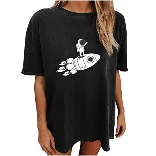 Oversize Tshirt Damen Vintage T-Shirt mit Aufdruck Astronaut und Rakete Grafik Kurzarm Shirt Oberteile Lose Tops Mädchen Freizeit Sport Sommer Frühling Herbst Cover