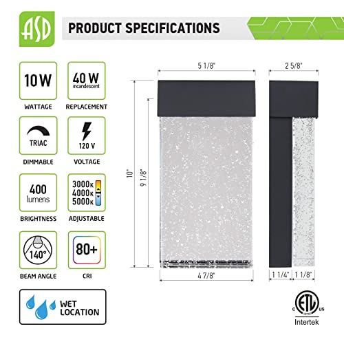 Asd Led Wall Mount Light Fixture | Crystal Bubble Glass Lighting Sconce | 10 Inch 10W (40W) 120V 400Lm 3000K 4000K 5000K Adjustable | Outdoor & Indoor Lamp, Dimmable, Waterproof, Etl | Black #TOP6