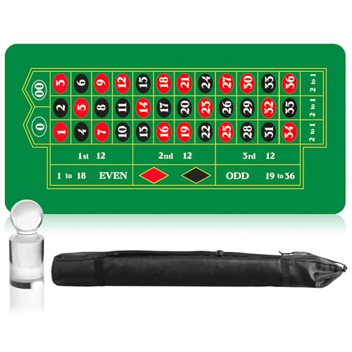 Poen Roulette Mat Tabletop Felt Layout Set Rubber Roulette Wheel Table Cover Craps Mat with Win Marker Storage Bag Casino Gift for Casino Friend Party Home Entertainment Night(Green,70 x 35 Inch)
