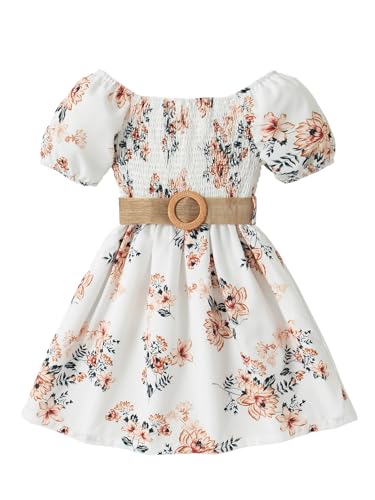 Girls' Summer Floral Dress Kids Belt A Line Puff Sleeve Square Neck Flowy Sun Dresses