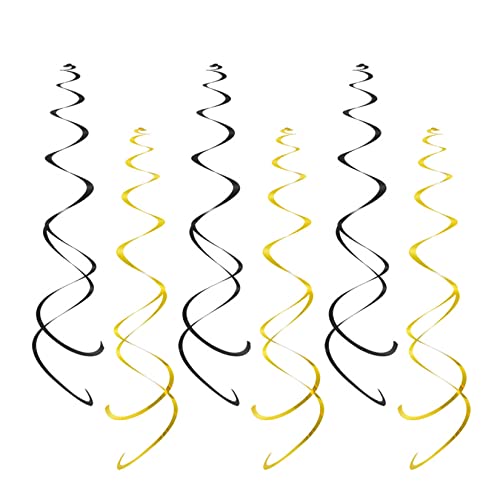 Image of Party Swirl Decorations, Black and Gold Foil Ceiling Hanging Swirl Decoration, Whirls Decorations for Birthday | Wedding | Anniversary | Graduation Party Supplies, Pack of 20
