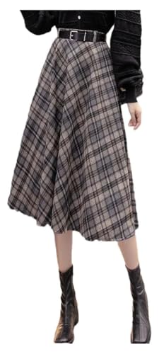 Women's Vintage Plaid Midi Skirt for Fall Winter Warm Lightweight High Waist Belted Loose A Line