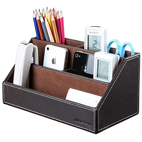 KINGFOM-Pu-Leather-Desk-Organizer-with-5-Compartments-Holder-Multi-Functional-Office-Supplies-Storage-Caddy-for-PenPencil-Phones-Remote-Controller-and-Desktop-Accessorie-Brown