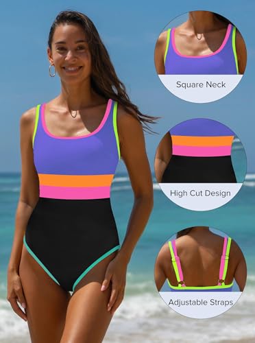 Image of popvil Women's One Piece Swimsuits Tummy Control -Slimming Bathing Suit Modest Neon Sport Swimwear 2026