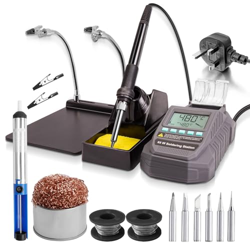 Bluemars LCD Display 65W Digital Soldering Iron Station, 200℃-480℃ Adjustable Temperature,Extra 5 Soldering Tips, Helping Hands,2X 5g Solder Wire,Soldering Iron Holder, Auto Sleep,Shutdown Cooling