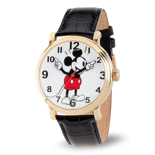 DISNEY Mickey Mouse Articulating Hands Watch for Men – Stylish Mickey Watches for Men, Enthusiasts – Classic Mouse Watch with White Dial, Gold Case, and Black Leather Strap