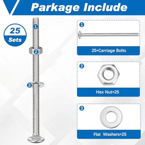 Image of Zonon 25 Sets 1 /4-20 x 4 Stainless Steel Carriage Bolts and Nuts Kit Round Head Square Neck Carriage Bolts Screws and Hex Nuts and Flat Washers, Stainless 18-8 Full Thread Coverage (Silver)