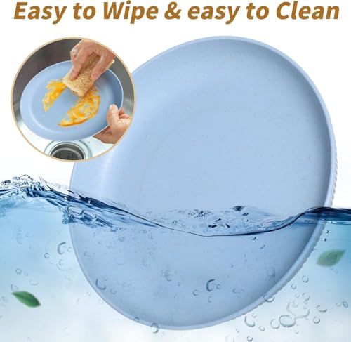 Image of Wheat Straw & Bamboo Fiber Plates Set, Lightweight Unbreakable Dinner Plates, Microwave and Dishwasher Safe, Plates Easy to Clean & Reusable (9 Inches, Blue, Set of 8)