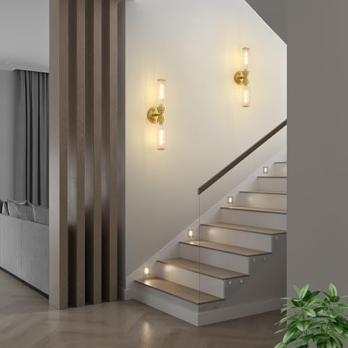 Image of Bathroom Light Fixtures, Gold Wall Sconce in Threaded Glass Vanity Lights 2 Pack, Modern Bathroom Vanity Light Up and Down Sconces Wall Lighting for Bathroom, Living Room - Bulb Not Included
