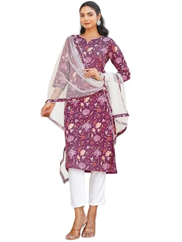 Image of Vaamsi Women's Printed Floral Kurta Trousers With Dupatta (VKSKD1712 L Purple)