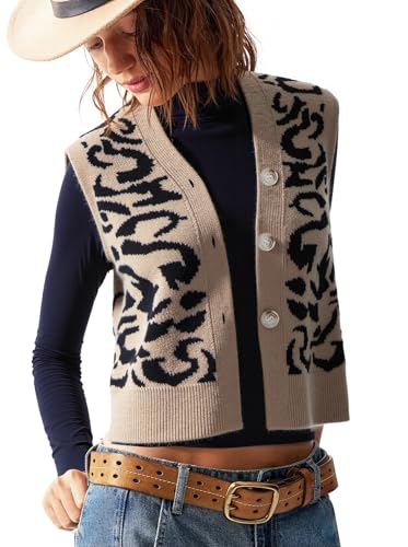 Women's Leopard Knit Sweater Vest – Button Down Sleeveless V Neck Vintage Animal Print Fall Layering Top3