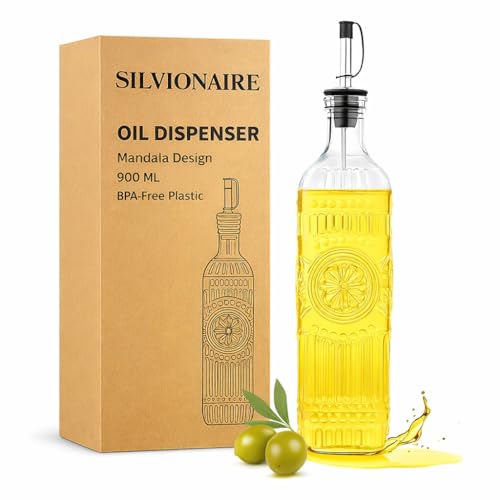 Image of 900ML Oil Dispenser Bottle | Heavy Premium Plastic Oil Pourer with Mandala Design | BPA-Free, Leakproof Cooking Oil Container with Easy Flow Spout for Kitchen (Transparent)