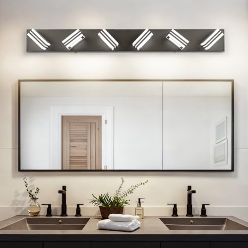 Image of SOLFART Modern Black Vanity Lights Fixtures: 6 Lights Acrylic LED Matte Black Vanity Lights for Bathroom 39inch