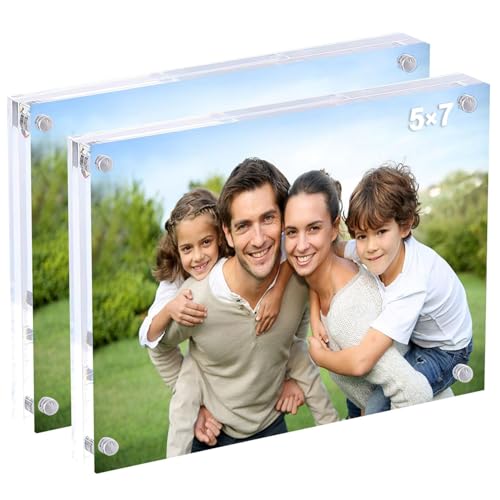 Acrylic Picture Frames, 5x7'' Acrylic Photo Frame, 2 Pack Double Sided Clear Magnetic Photo Frames, Clear Frameless Photo Frame, Magnetic Pocket Picture Frame for Tabletop or Desktop Display