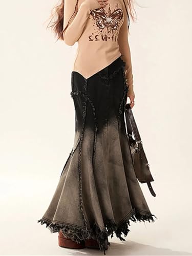 Women's Y2K Gradient Slim Fit Denim Trumpet Long Skirt High Waist Irregular Stitch Frayed Fringe Skirt4