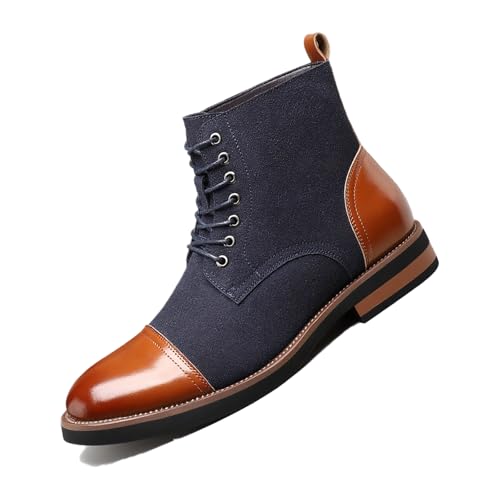 Men's Genuine Suede Cap Toe Two-Tone Chunky Block Heel Chukka Boots Fashion Lace Up Colorblock Round Toe Mid-Calf Derby Booties For Motorcycle Leisure Daily