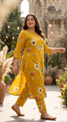 Image of CREATION & YOU Women Plus Size Cotton Printed Kurta with Pant Set | Work /Office Wear Kurta Set for Women
