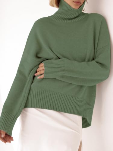 Image of YKR Women's Turtleneck Sweater Chunky Long Sleeve Knitted Pullover High Low Hem Trendy 2026 Fall Winter Basic Jumper Top