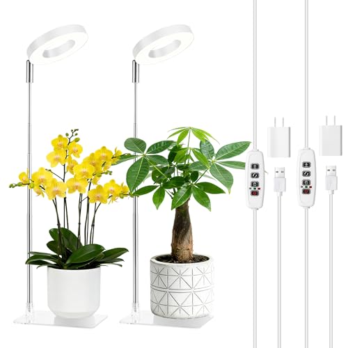 3.54" White Grow Light, Full Spectrum Plant Lights for Indoor Growing with 3/9/12H Timer, 3 Color Modes, 10 Brightness, 6.6"-24.8" Height Adjustable, Small Halo Grow Light with Base, 2 Pack