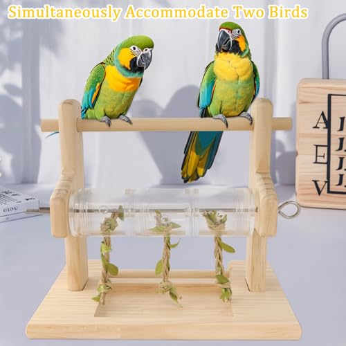 Image of Bird Playground, Parrot Foraging Toy, Wooden Perch with Rotating Drum, Exercise & Feeding Center for Small & Medium Birds