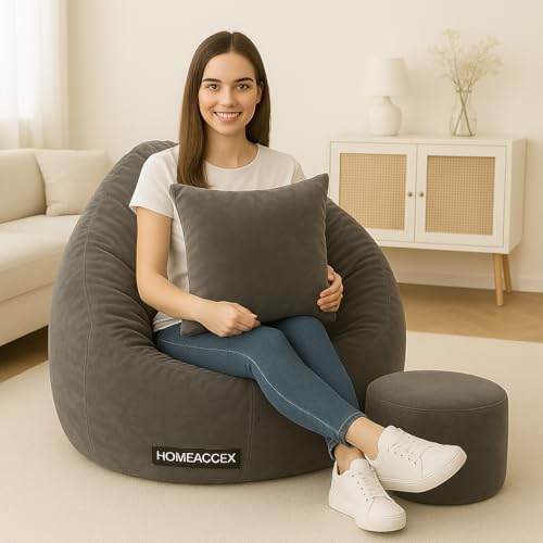 Image of 2XL Velvet Bean Bag Combo with Footrest & Cushion Filled Bean Bag with Beans| Capacity Upto 100Kg, Grey