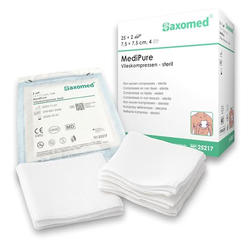 Saxomed sterile Kompressen 7,5x7,5 cm - 50 Stück Wundkompressen Gauze - sterile Wundauflage nicht haftend - Vlieskompressen Ideal für Erste Hilfe & Pflege
