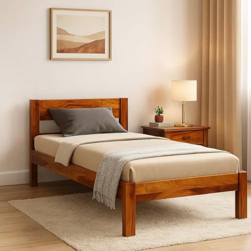 Image of KR Furniture Solid Sheesham Wood Single Bed | Wooden Cot Bed with Headboard | Strong & Durable Single Bed for Bedroom, Hostel, PG & Guest Room | Fits 72 x 36 Inch Mattress | Natural Finish