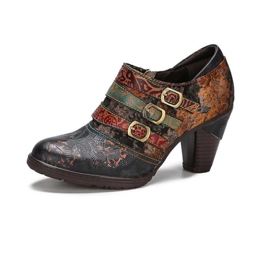 eimeinuosy SOCOFY - Stivaletti da donna in pelle con tacco a blocco, in pelle bohémien, scarpe Mary Jane estive senza lacci Mary Jane, comode, antiscivolo, per passeggiate e vacanze, Nero e arancione