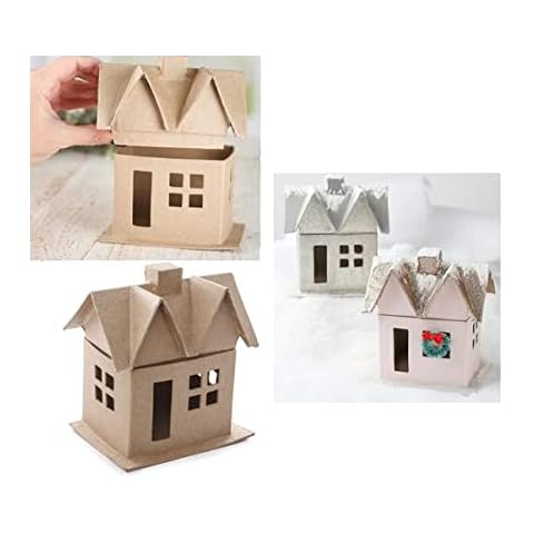 Factory Direct Craft Pack of 3 Paper Mache Village Houses Unfinished Blank Cardboard Papier Mache Cottage House Box Set for DIY Holiday Crafts Christmas Decorations (5-1/2" W x 6" H) Cover