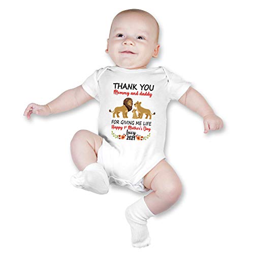 Personalized Custom Baby Name First Mothers Day Mom Onesie Bodysuit White (Lion)