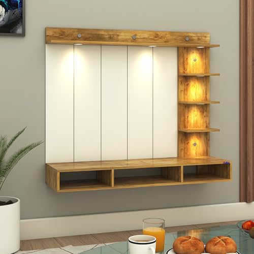 Image of Anikaa Tyron Engineered Wood Wall-Mount TV Unit with PVC Back Panel & LED Lights | TV Cabinet with Storage Box & Decorative Shelves (Gaintwood) | Ideal for TVs up to 55 Inch | DIY Installation