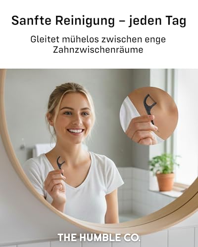 Zahnseide Stick pflanzlich und nachhaltig von The Humble Co. - 200 Stück (4×50) Zahnseide Sticks mit Minze und Aktivkohle Doppel-Faden zur Zahnreinigung Zwischenräume, von Zahnärzten empfohlen