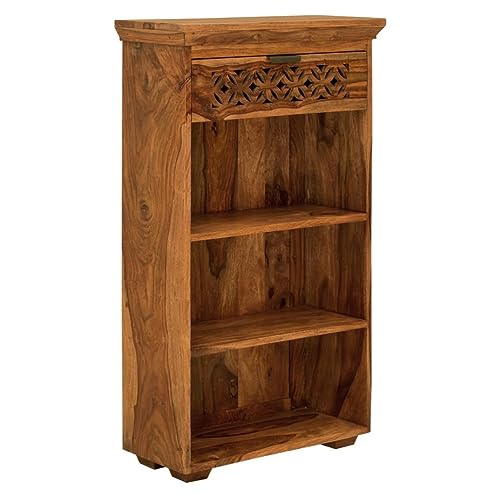 Image of Sheesham Wood Book Shelf with Open Cabinet and Drawer Storage for Home Living Room Library Office Furniture Wooden Bookcase Unit Display Rack (Honey Finish)