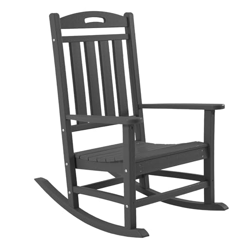 POLYDUN Outdoor Rocking Chair, High Back HDPE Patio Chair, All Weather Rocker Porch Chair, Lawn Chair for Deck, Porch, Backyard, Garden and Indoor, Dark Gray by POLYDUN - Used condition - US$83.06